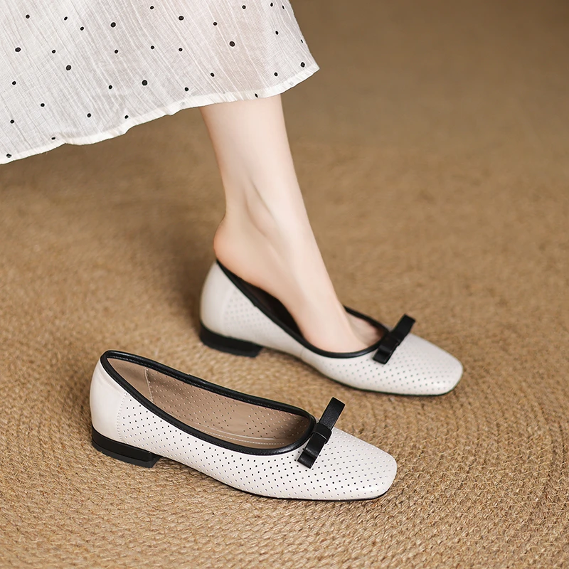 浅口单鞋女夏2025年新款真皮法式蝴蝶结复古百搭矮跟镂空洞洞鞋子