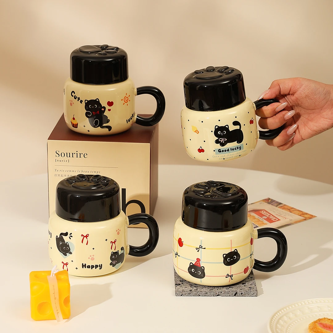 猫咪马克杯带盖创意迷你水壶杯陶瓷喝水杯子女士办公室咖啡杯礼物