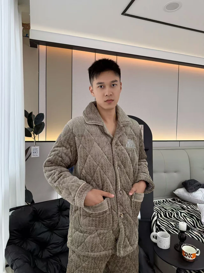 【0234烟棕SM】翻领纽扣款冬季男士睡衣套装加绒夹棉外穿保暖家居服