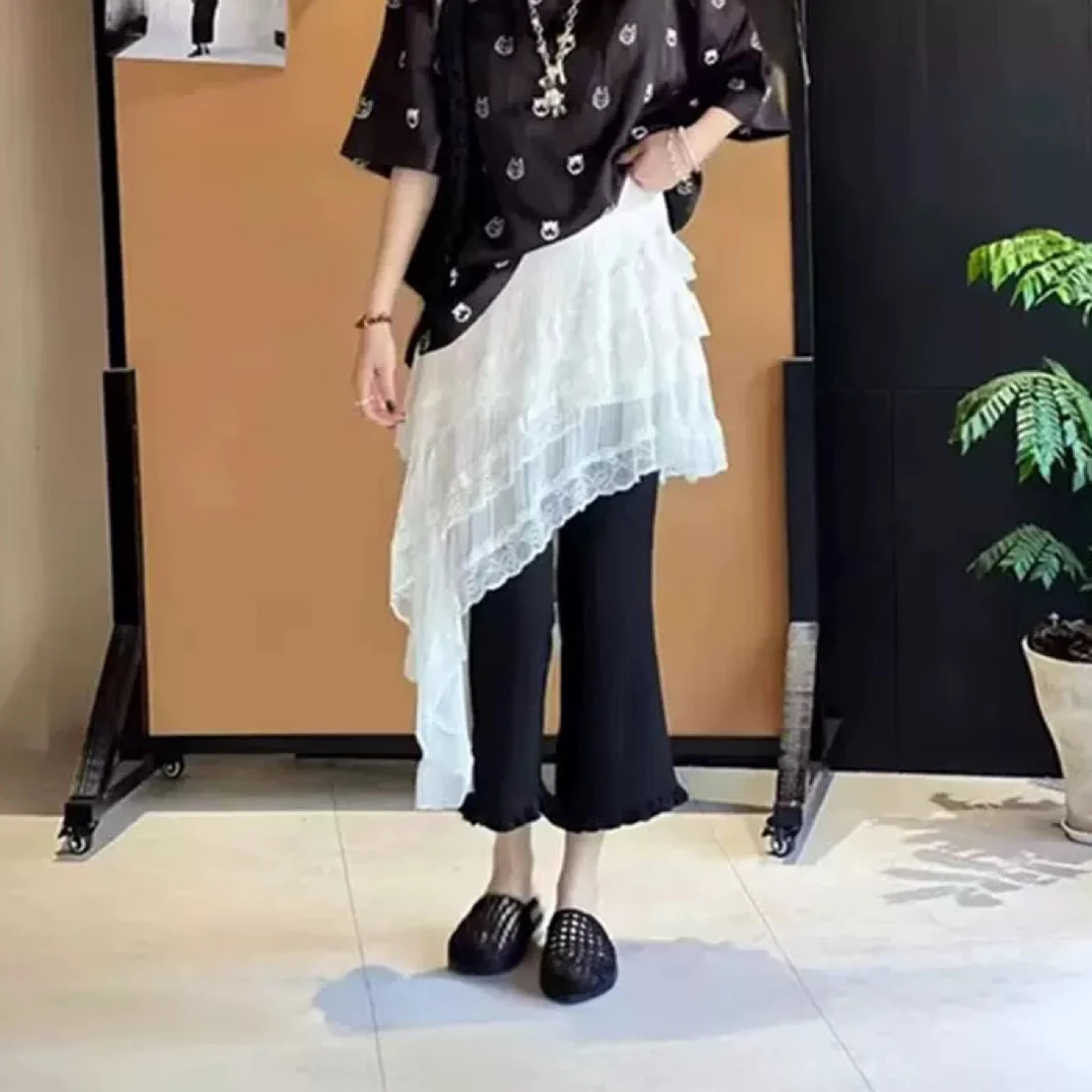 醋酸~十七设计师买手店2025夏季新款木耳边黑色喇叭松紧腰休闲裤