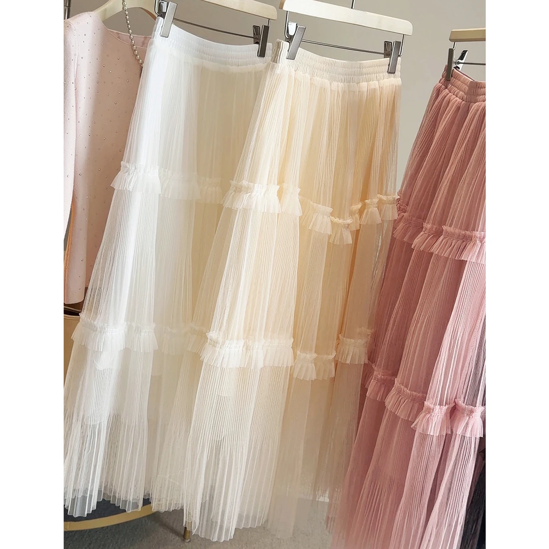 早春新款木耳花边拼接网纱仙女裙女高腰垂感百褶层层蛋糕裙a字裙