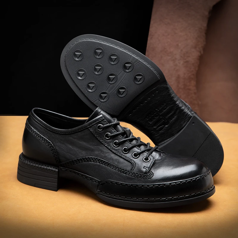 22305-13头层牛皮新款休闲皮鞋男韩版真皮底潮流百搭英伦厚底皮鞋