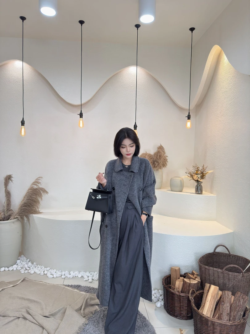 【ANWEN原创】双面羊驼毛韩版宽松长款高级感气质娃娃领双排扣2588