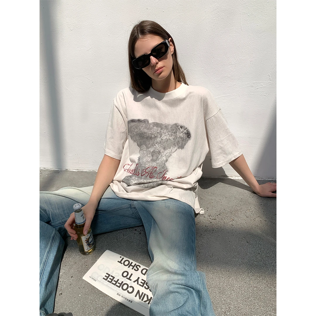 周淼【版画印象】狗狗印花大廓型T恤女夏 复古中性风上衣ZM25T5050J