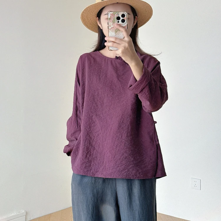 尘染新中式改良盘扣衬衫女2025新款桑蚕丝宽松小众款长袖减龄上衣