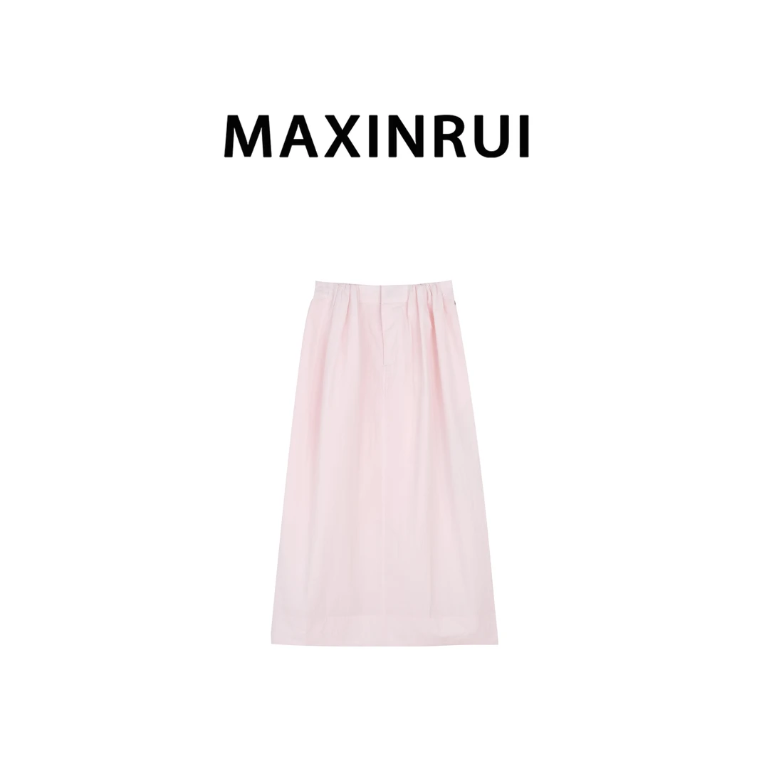 MAXINRUI 25ss夏季时尚高级感淡粉色高腰掐褶设计半身裙RRS2590