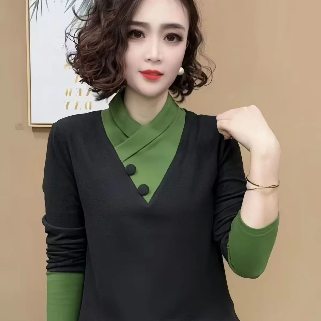 9091#长袖秋季百搭假两件拼色纽扣装饰德绒T恤宽松大码打底上衣女