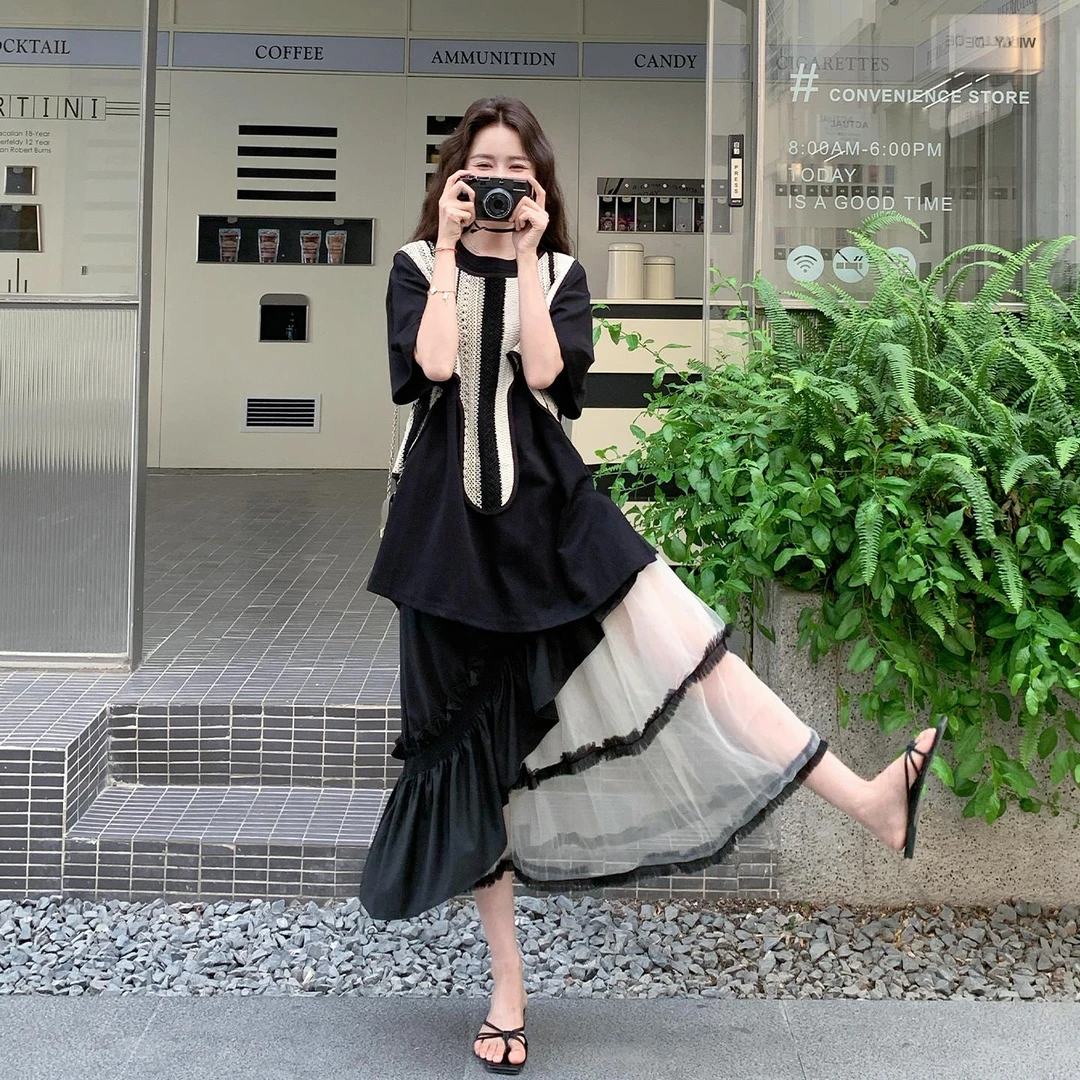 撞色拼接不规则马甲T恤半身裙套装女夏绝美显瘦遮肉巨好看三件套