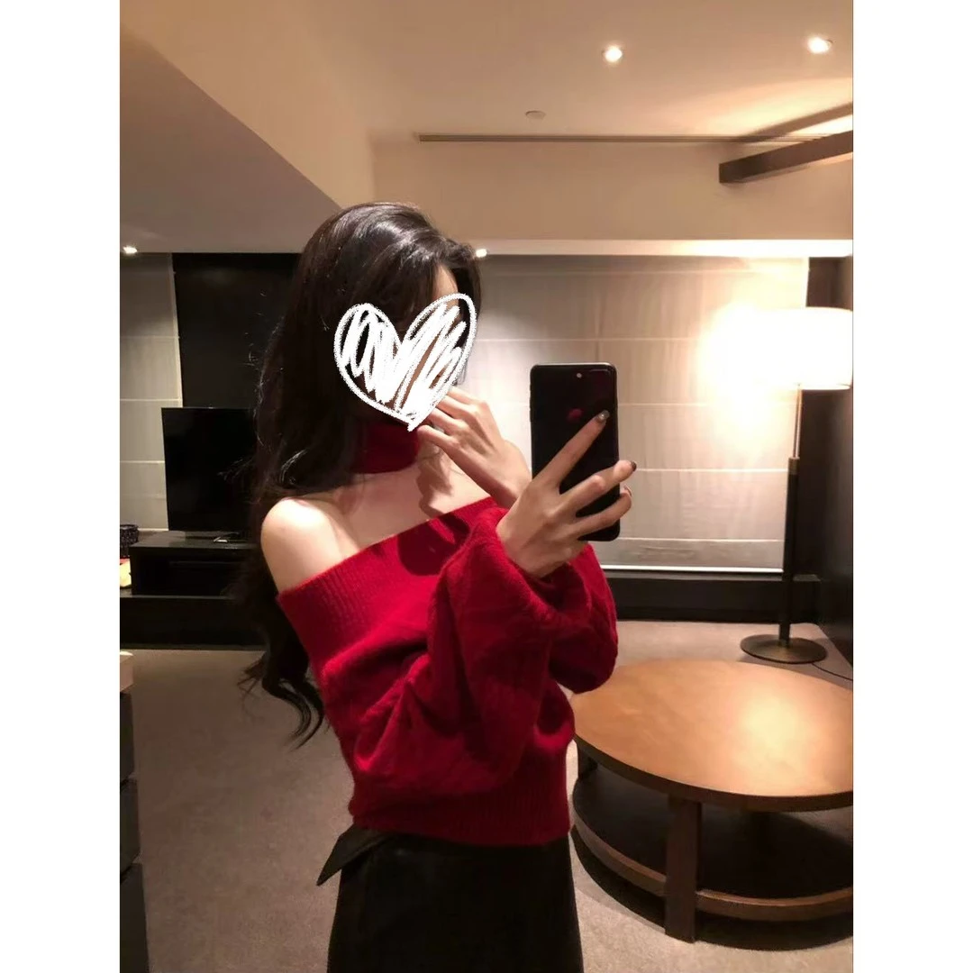 冬季可外穿纯欲一字肩复古红色慵懒保暖毛衣高级感内搭针织衫