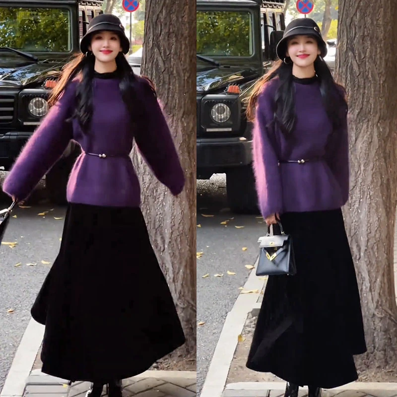 流行穿搭一整套2025新款气质收腰圆领针织衫毛衣高腰半身裙两件套