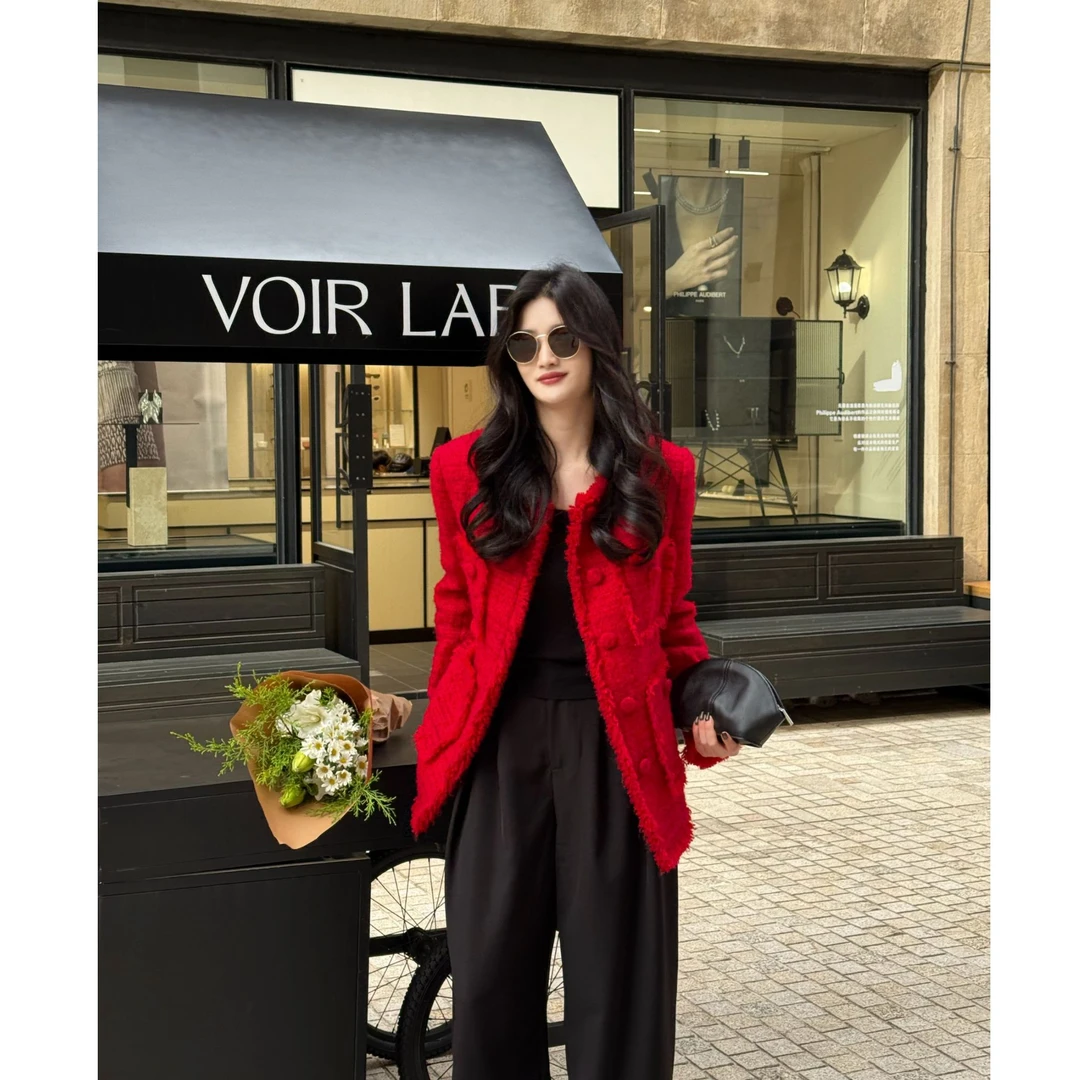 梓静 高级感气质羊毛鹅绒红色小香风女外套春秋冬百搭不挑人0101