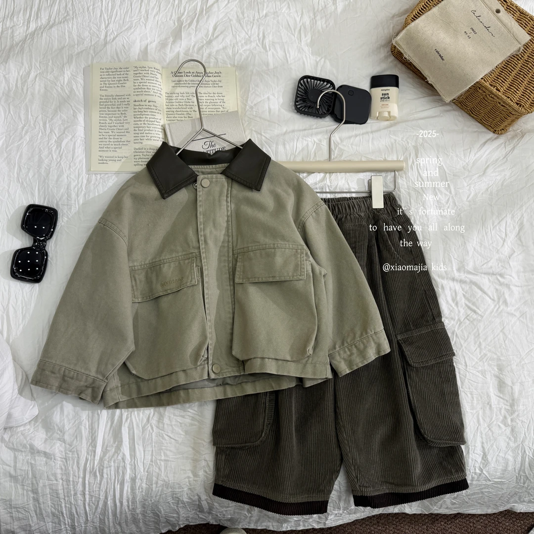 现货-小马家2025秋款复古风翻领外套D-6601宽松百搭拉链款男女童