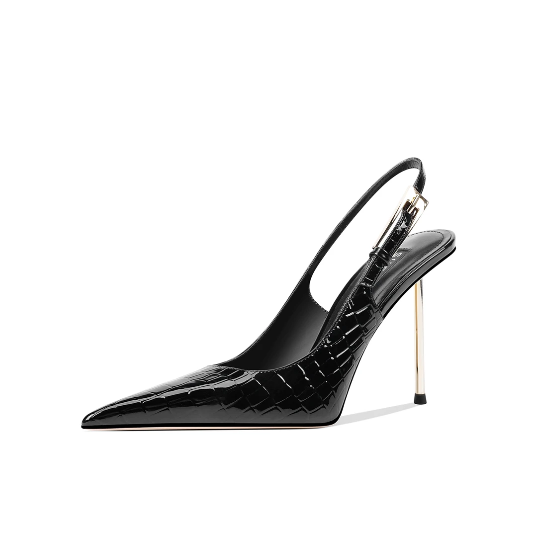 「黑色诱惑」黑色包头细跟凉鞋金属尖头性感漆皮后空8.5cm高跟单