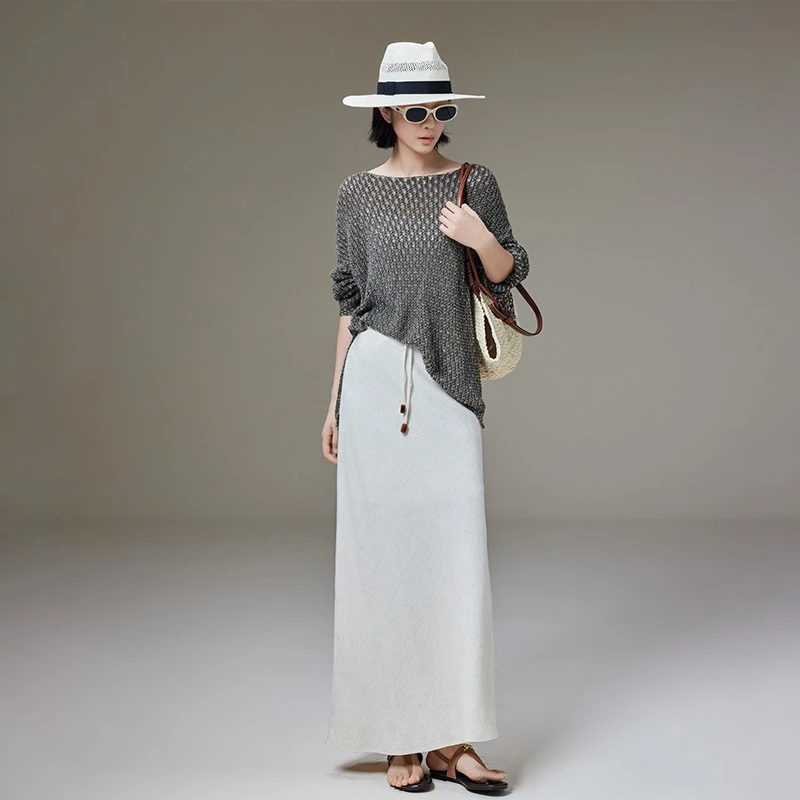 美洋MEIYANG 气质挂针织衫 空心带子纱_编织绞花一字领镂空度假