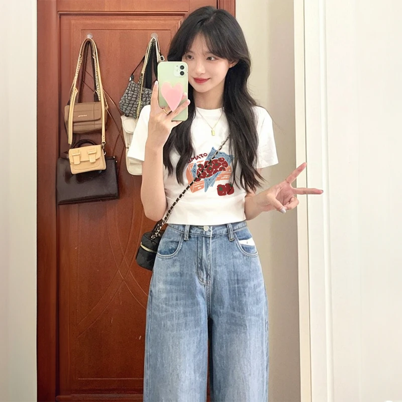 2025新款白色t恤女夏短袖短款正肩上衣小个子高腰显瘦半袖设计感