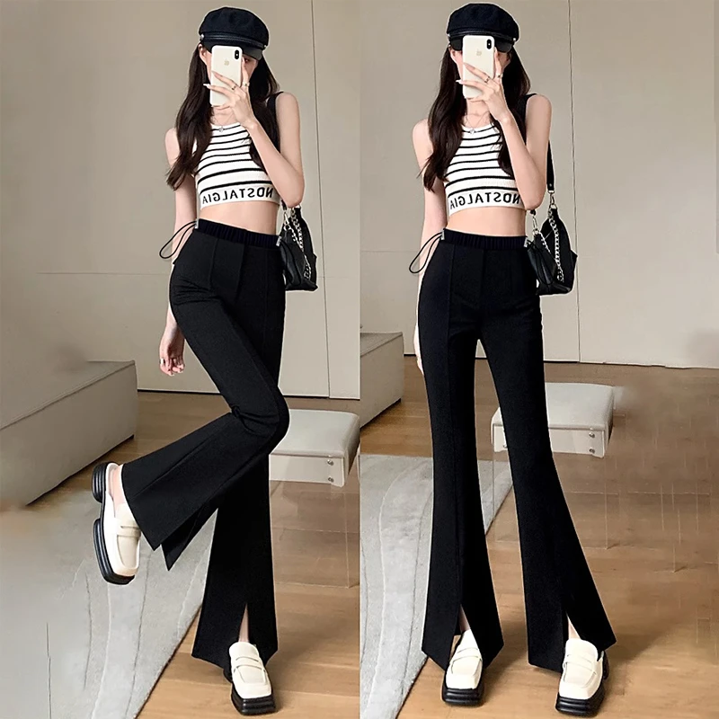 小个子孕妇开叉西装微喇裤显瘦显高九分裤外穿长裤夏季小黑裤春秋