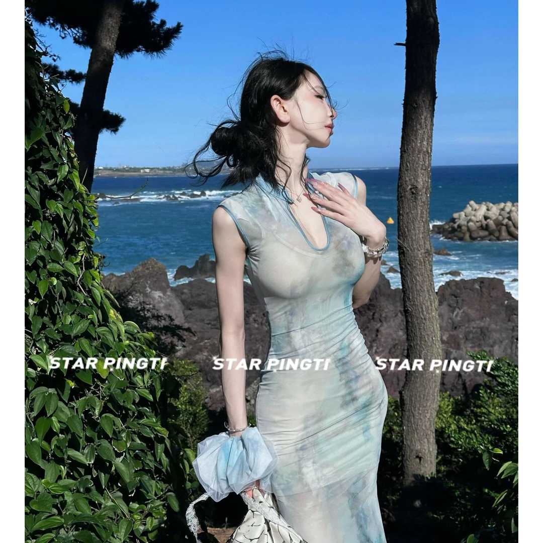 新中式连衣裙女名媛气质国风印花改良旗袍性感收腰网纱包臀鱼尾裙