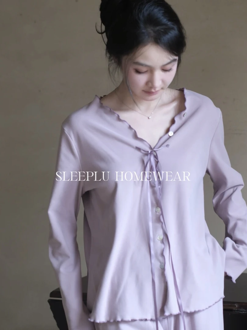 实拍！！【芭蕾少女】秋冬新款薄绒睡衣女花边V字领德绒家居服套