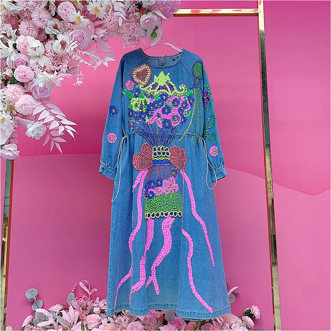 QD1548欧美设计师2025秋季新款钉珠刺绣涂鸦手绘花朵牛仔连衣裙