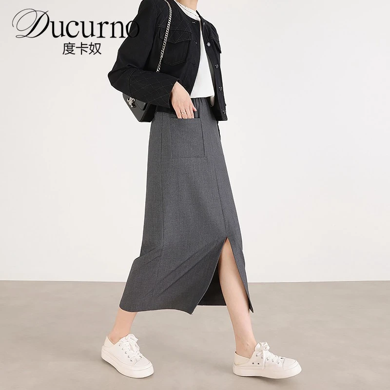 轻奢灰色西装裙半身裙女秋2025新款中长款高腰a字直筒开叉包臀裙