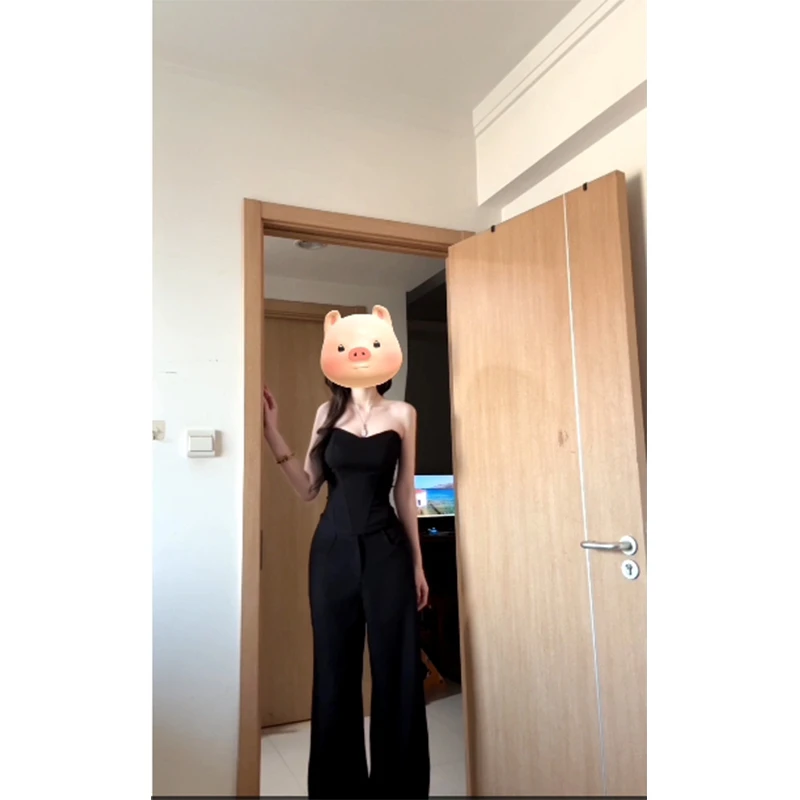 2025夏季新款时尚性感辣妹风抹胸上衣高腰百搭宽松显瘦休闲裤套装