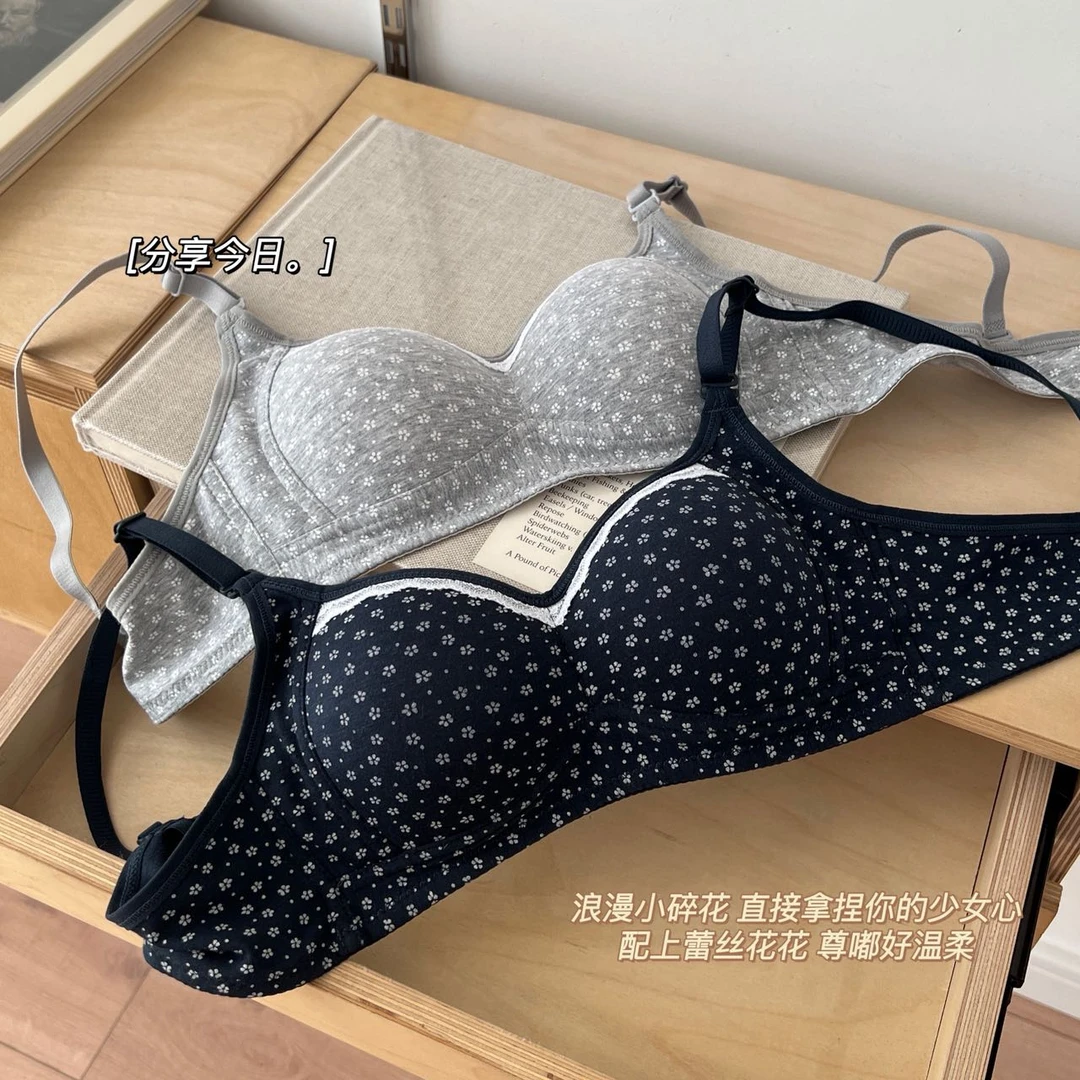 嘉花魅 法式碎花薄款透气内衣女甜美蕾丝边无钢圈舒适小胸文胸罩