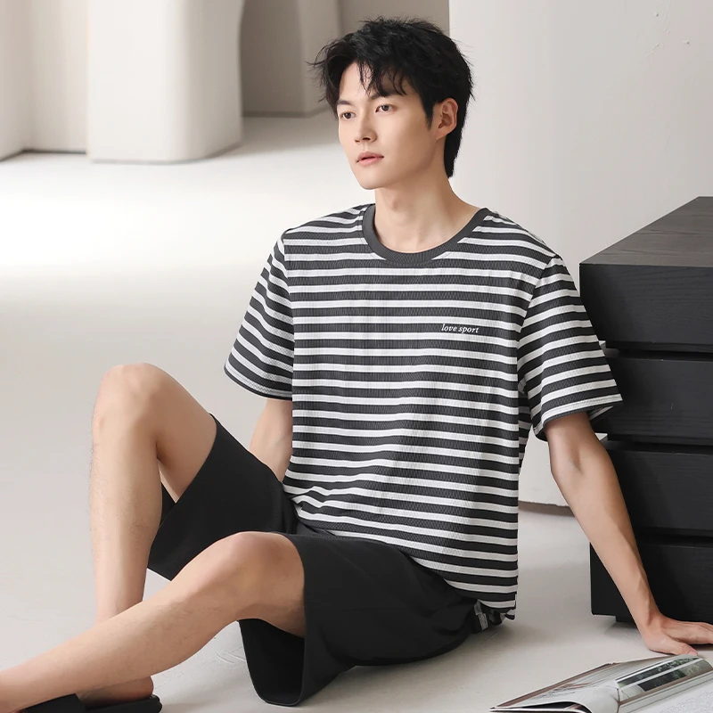 男士睡衣夏季冰丝短袖短裤薄款条纹休闲家居服青少年套装可外穿