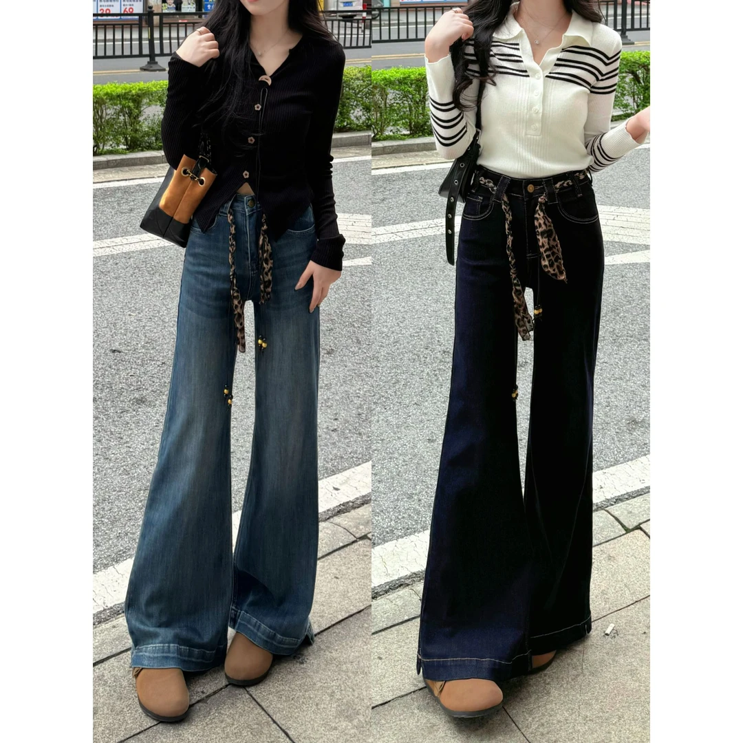 百搭复古高腰不贴腿微喇牛仔裤女2025年秋季新款宽松显瘦拖地长裤