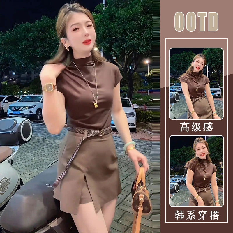 设计感纯色短袖T恤辣妹套装女2025夏季新款拼接半身裙短裙两件套