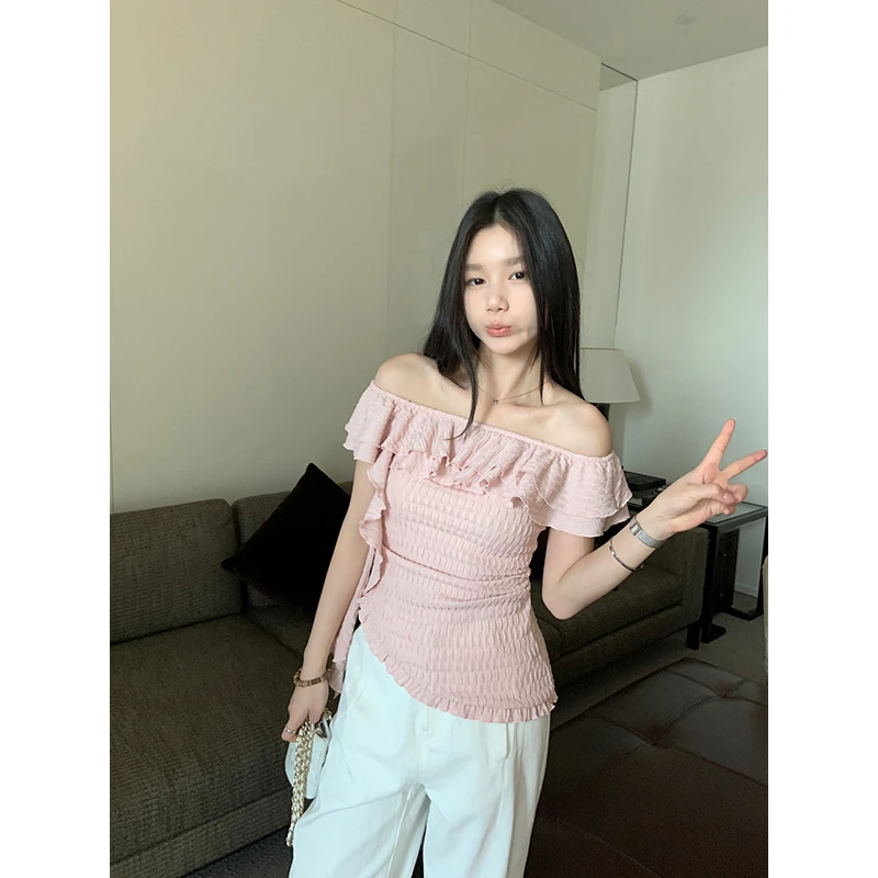 王少女的店 肉粉色斜肩荷叶边短袖针织衫夏季气质上衣 Z32377S52