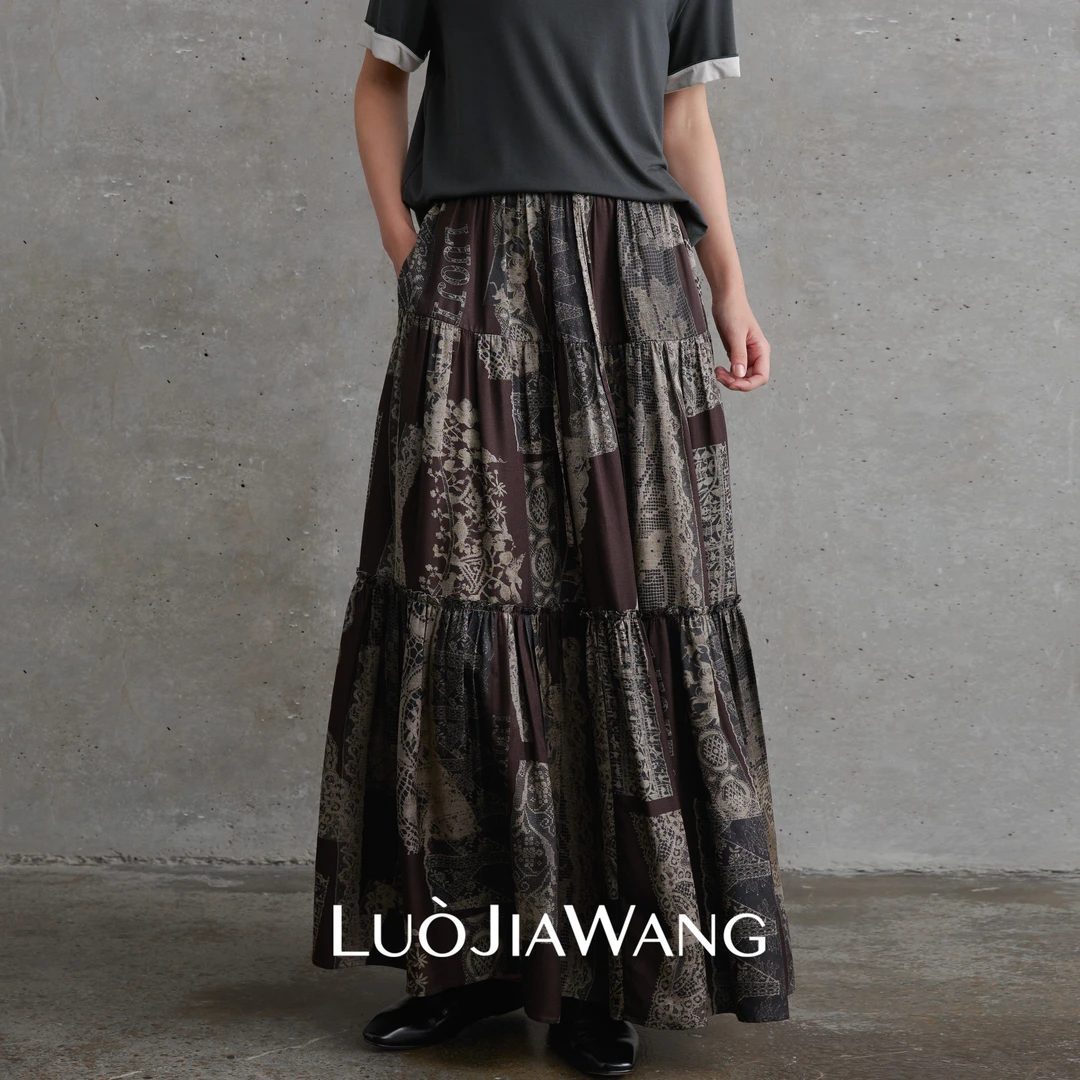 100%桑蚕丝春夏时髦复古艺术印花分割质感松紧抽绳半裙LUOJIAWANG