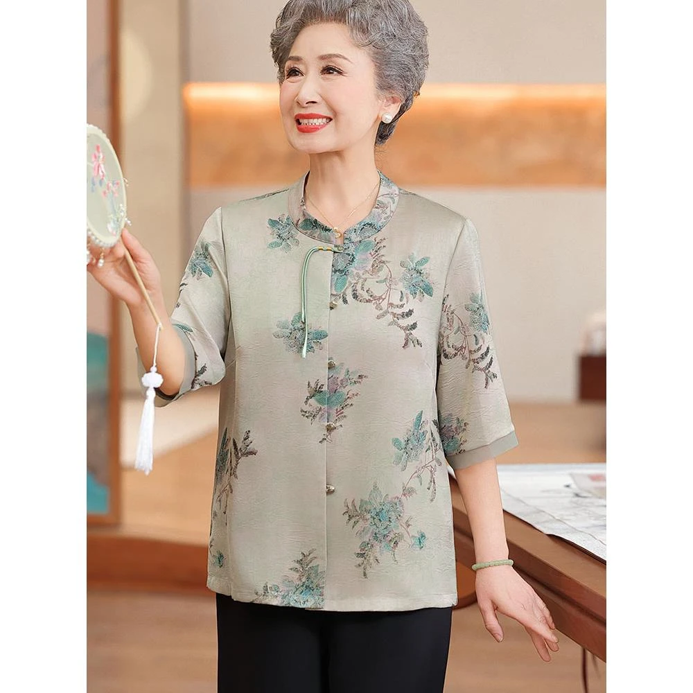 中老年人夏装女妈妈新中式衬衫老太太短袖真丝奶奶装新款上衣服