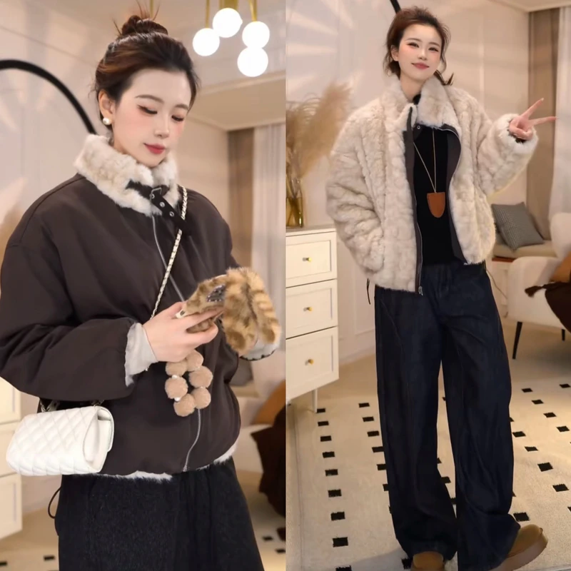 爆款高级感领设计感双面穿毛毛外套女装2025冬季时尚加厚棉服上衣