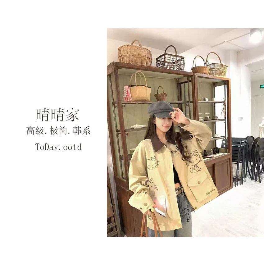 晴晴家-【甜酷女孩】早秋韩系百搭Kitty猫印花慵懒感风衣外套625