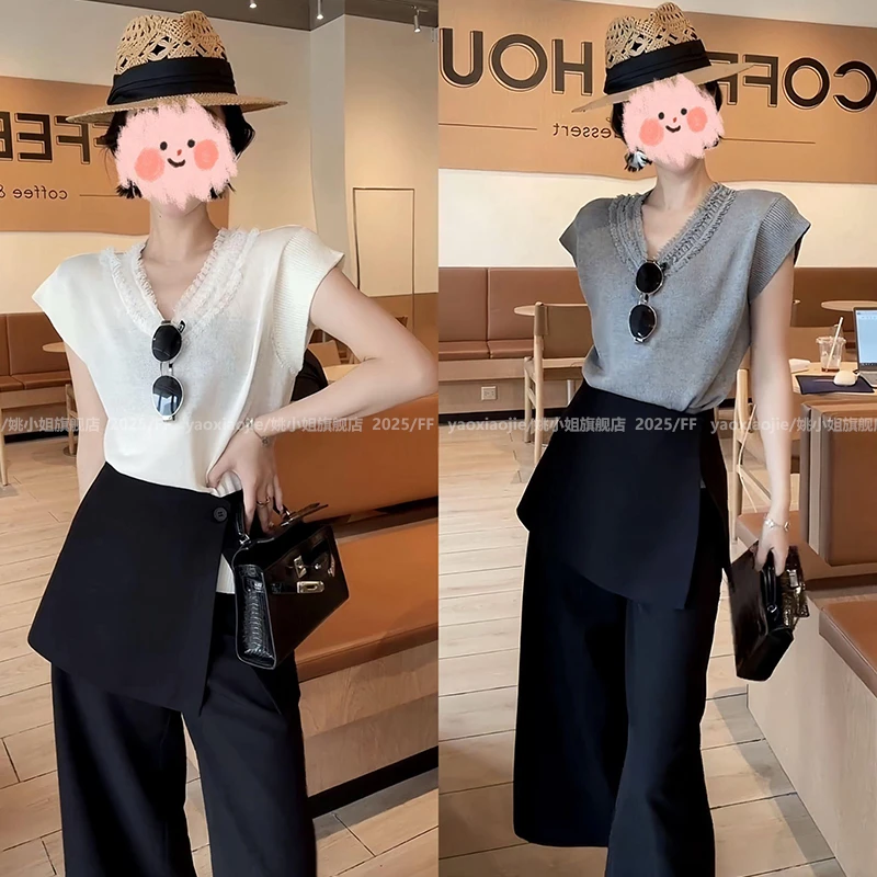 2025夏季时尚设计感蕾丝拼接短袖针织上衣显瘦百搭腰封裤气质套装