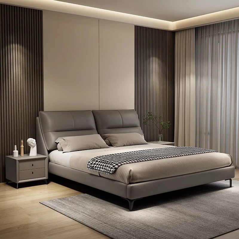 斜靠背皮床主卧婚床双人床1.8米大床现代极简家用齐边床主卧床