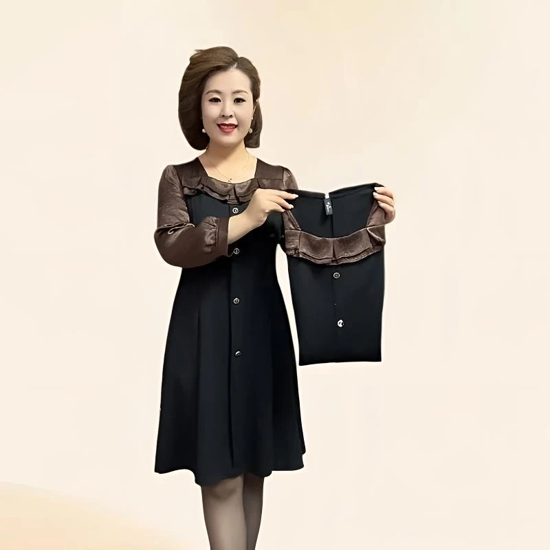 2024秋冬新款方领口荷叶边拼接连衣裙小众高级感遮肚子假两件裙子