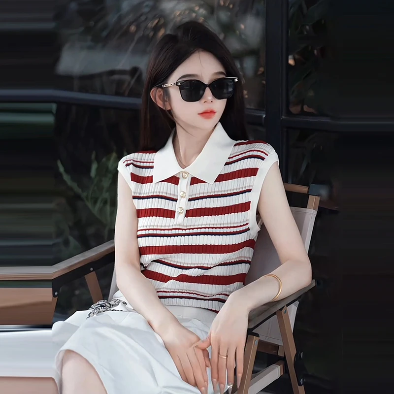韩系百搭学院风高级感条纹拼接polo领无袖针织背心上衣女2025新款