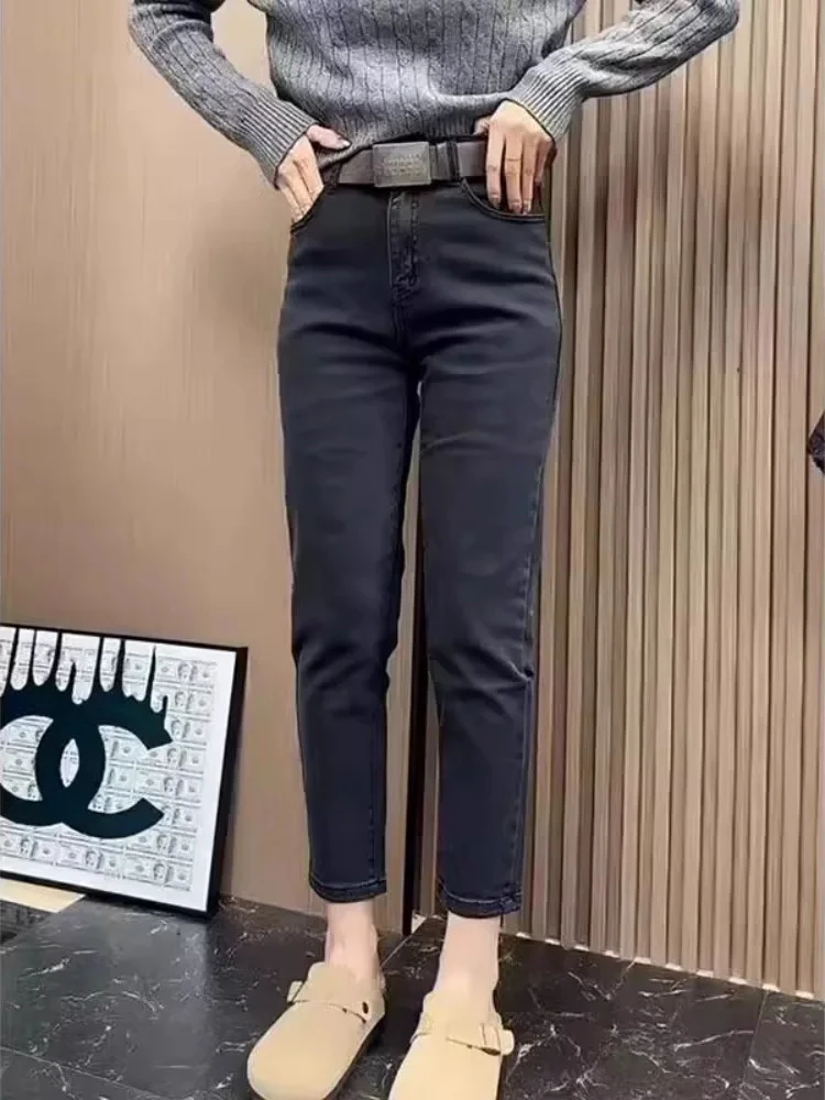 高腰加绒弹力显瘦九分烟管裤