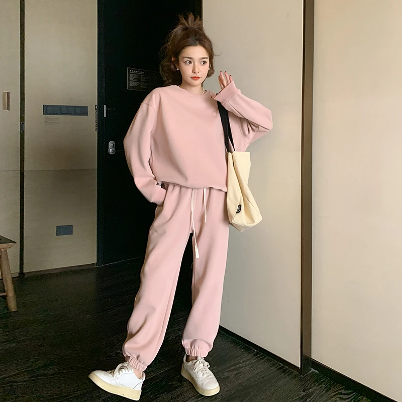 粉色卫衣卫裤运动套装女春秋季高级感时尚减龄圆领上衣长裤两件套