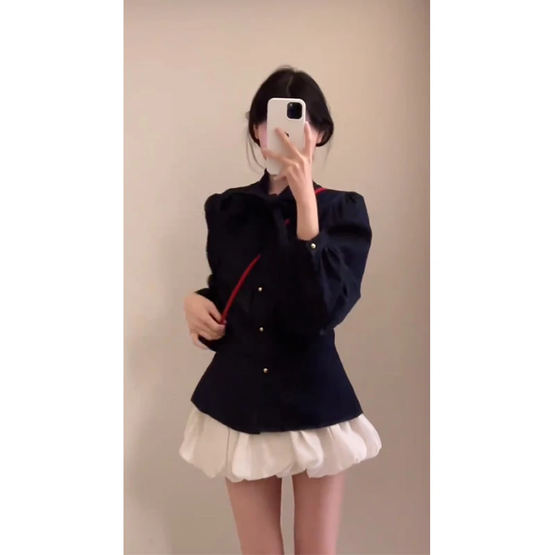韩版气质减龄蝴蝶结牛仔衬衫女装春季新款花苞短裙千金感套装