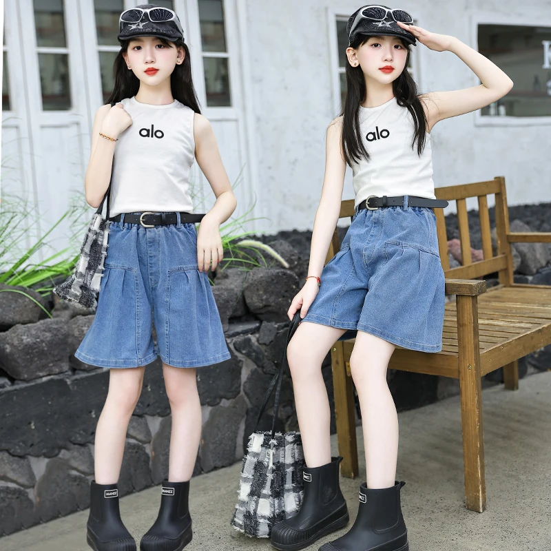 女童夏季套装2025儿童洋气潮流背心T恤上衣中大童牛仔短裤两件套