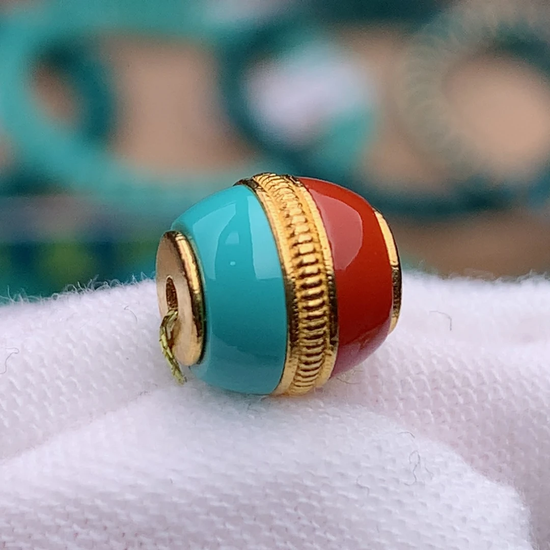 18K金镶嵌绿松石珠宝奇石7.8mm汉堡珠