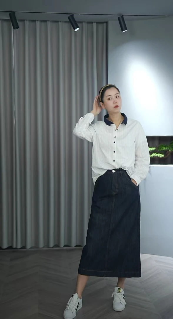 春秋防褪色牛仔半身裙无弹后开叉2131-1