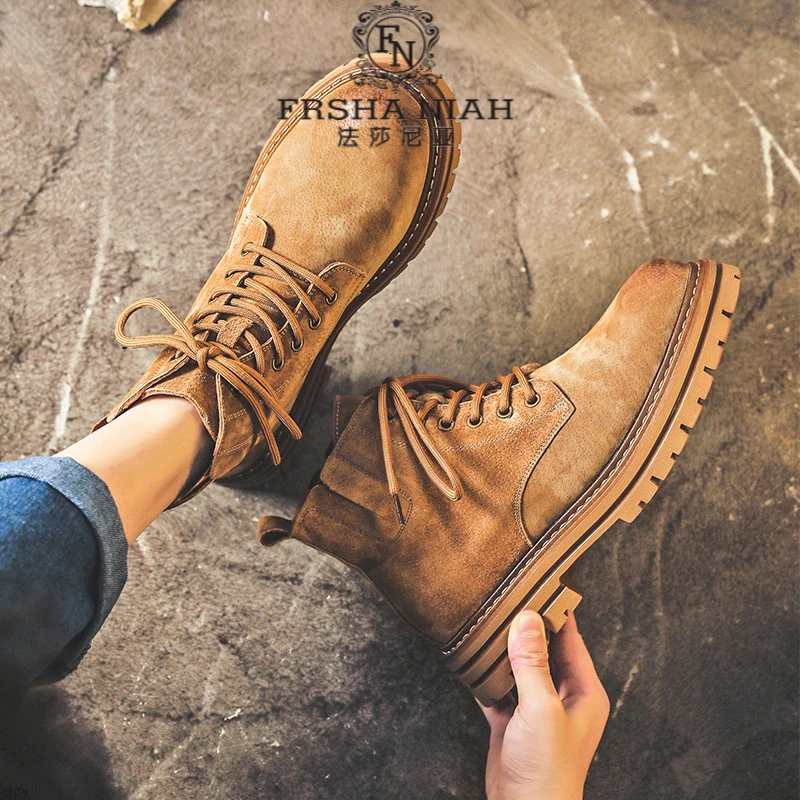 法莎尼亚马丁靴男鞋秋冬时尚新款增高中帮工装鞋舒适英伦短靴厚底