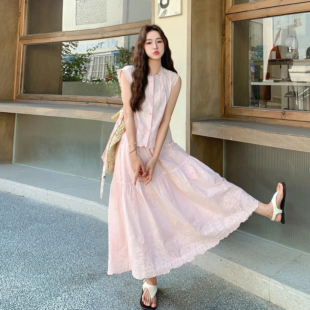 粉色刺绣蕾丝上衣半身裙套装女2025夏季爆款甜美减龄巨好看两件套