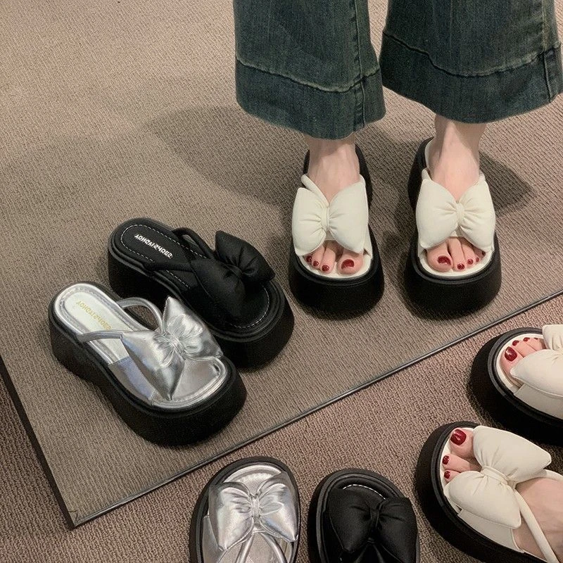 【秀气显脚小】绝美粗跟拖鞋女外穿2025夏季新款百搭增高蝴蝶结小个