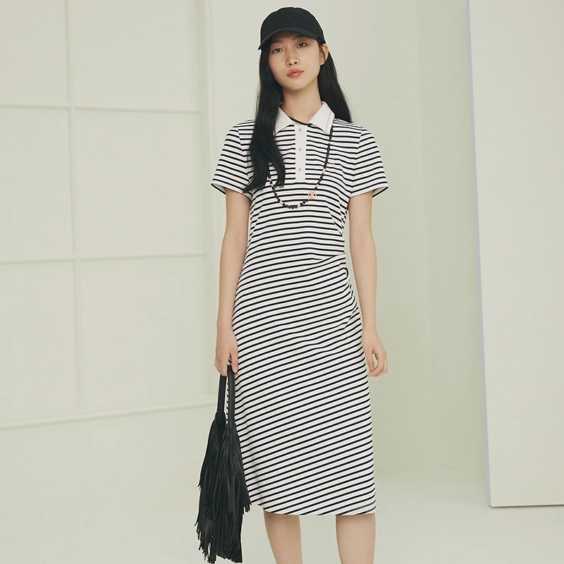 【赵老板专属】firststationpolo领条纹腰部抽褶短袖连衣裙女4539A