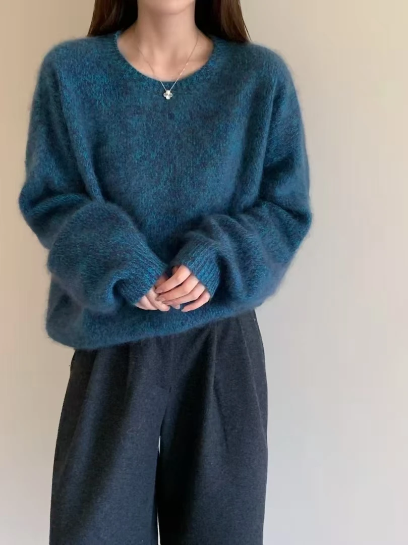 2025新款羊毛拉绒花纱针织厚款女慵懒风衫时尚圆领宽松型女士宽松