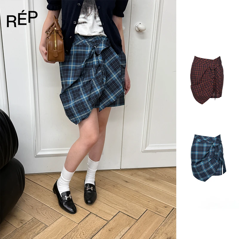 PUSHBUTTON设计师品牌蓝/红色格纹不规则褶皱短裙 25PS早春系列